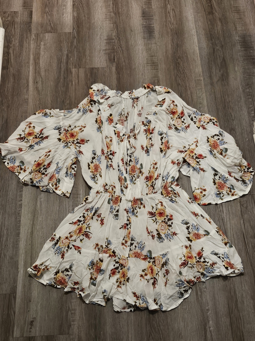 White Floral Off-Shoulder Romper with Ruffled Sleeves